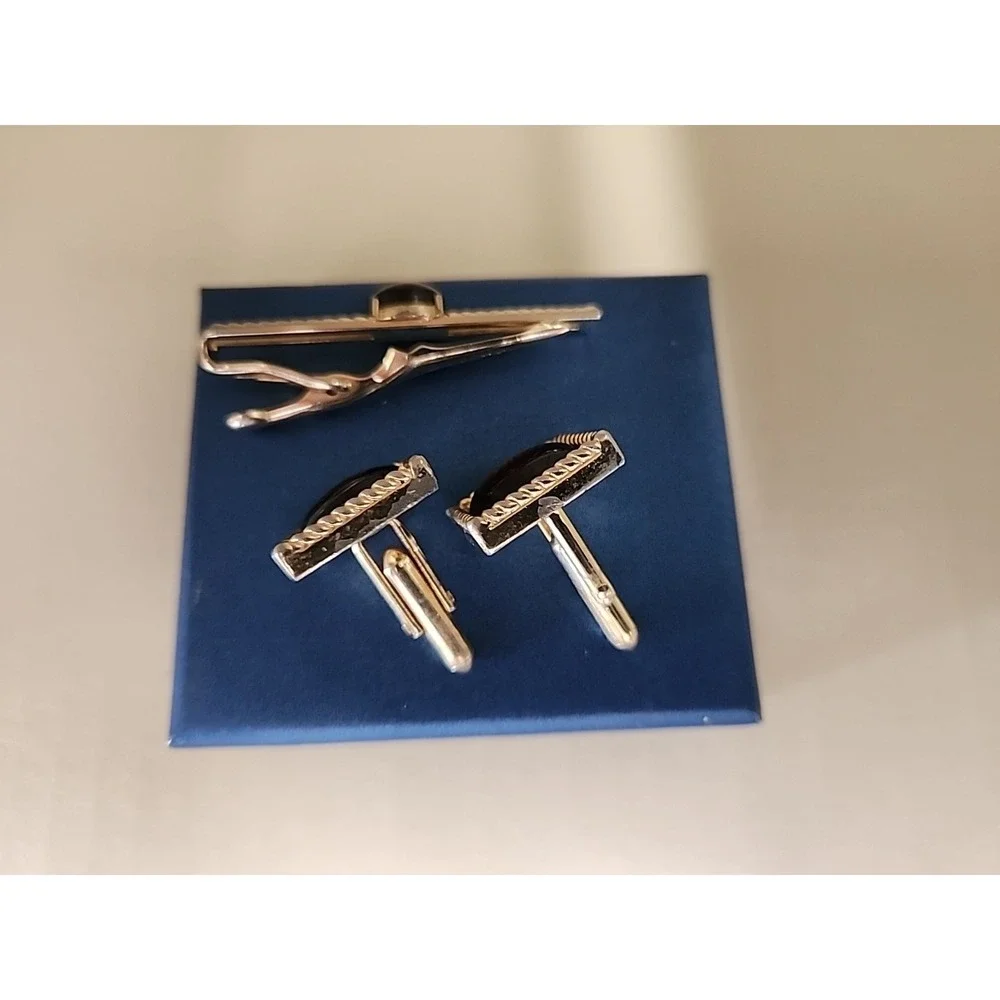 Vintage Cat's Eye Cufflinks & Tie Bar Set Retro Cool Square/Rectangle Gold Tone